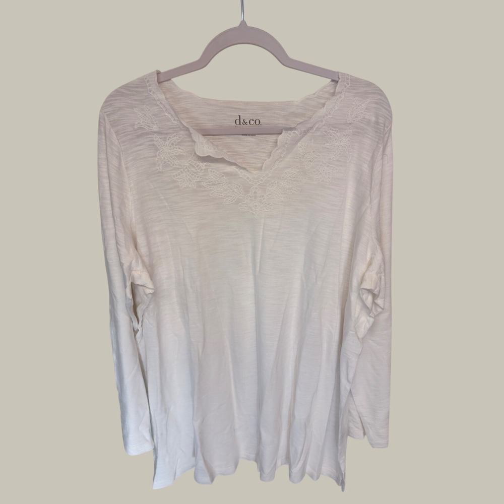 Cottagecore Ethereal Top Embroidered Slub Knit Denim & Co Women 2XP White
